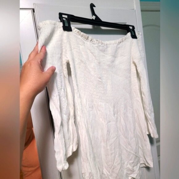 White Off-Shoulder Smocked Peasant Cottage Core Flounce Long Sleeve Crepe Top - Picture 9 of 11